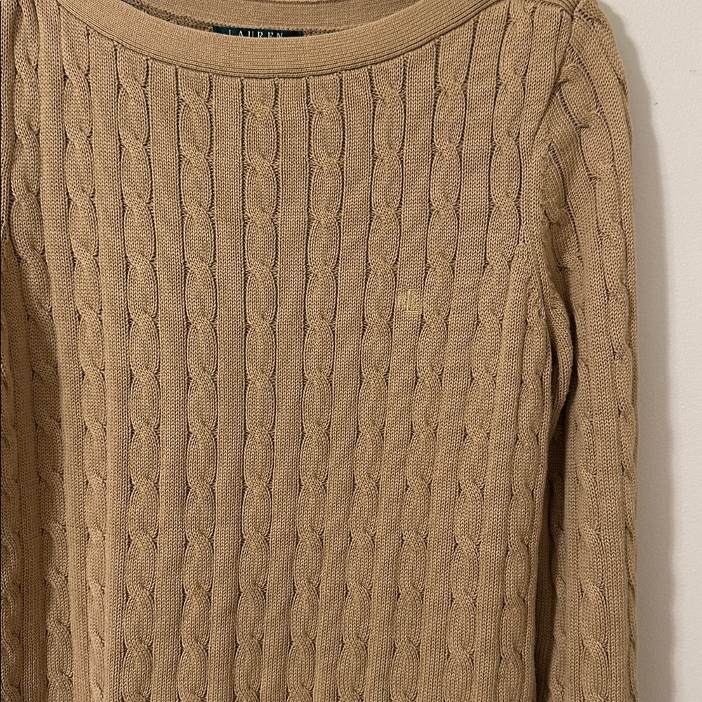 Lauren Ralph Lauren Womens Tan Cable Knit Boatneck Cotton Sweater Size XL Preppy - Picture 4 of 7